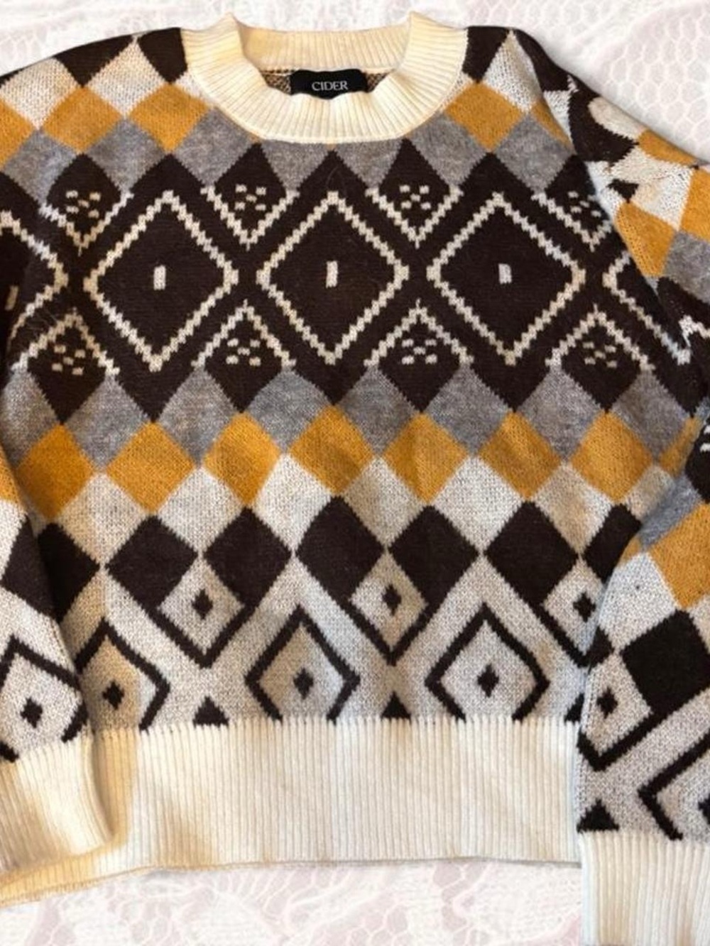 Cider Geometric Crewneck Sweater in Cream, Brown & Mustard